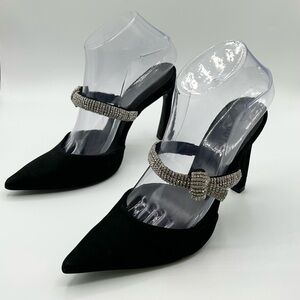 Schutz Black Leather Rhinestone Pointed Toe Heels Women’s Size 7.5